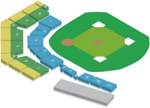 Nbc seating chart. Shows field on the right, blue section is in front of the field and is reserved seating. Green and yellow sections are behind the blue section and are available to general admission.